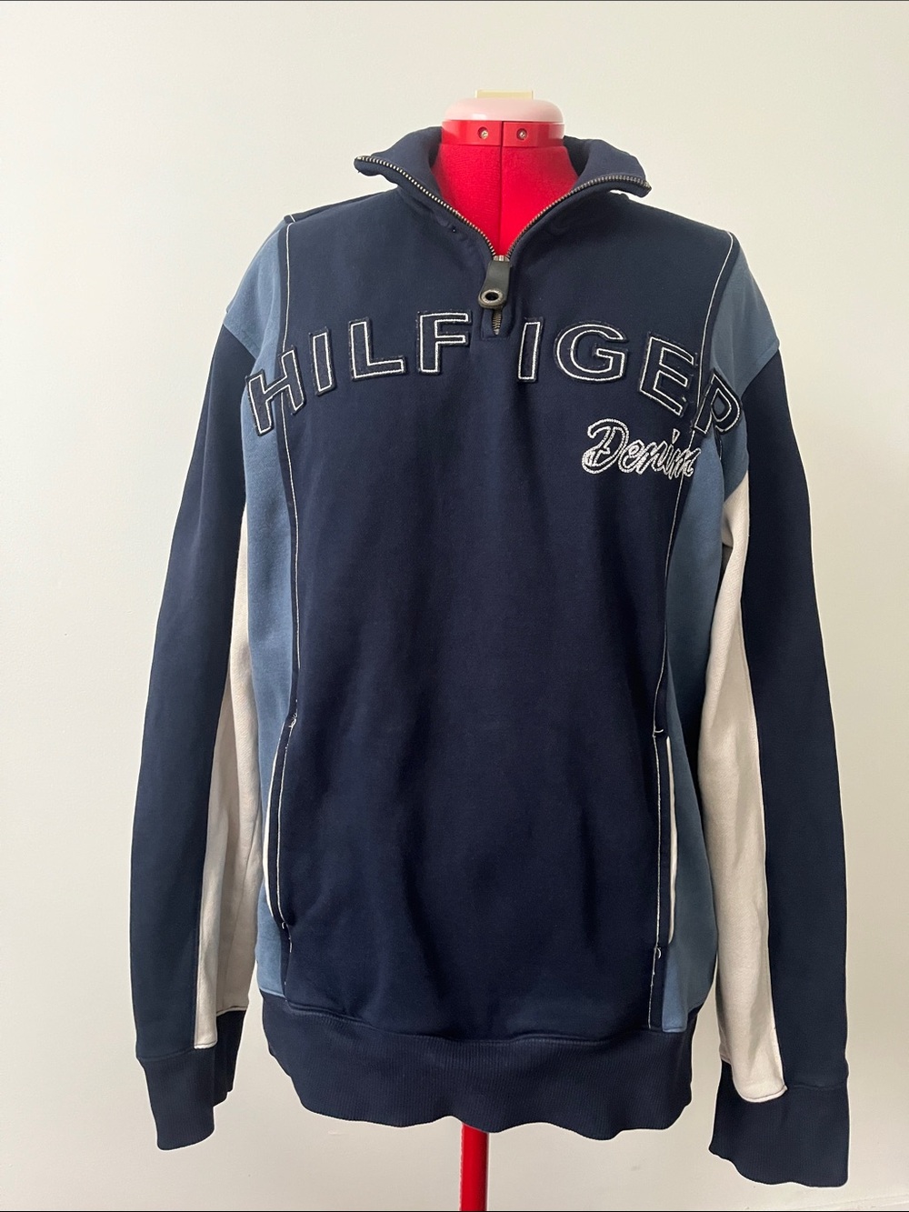Vintage Tommy Hilfiger Denim 80% Cotton Navy Pullover Half-Zip Sweater